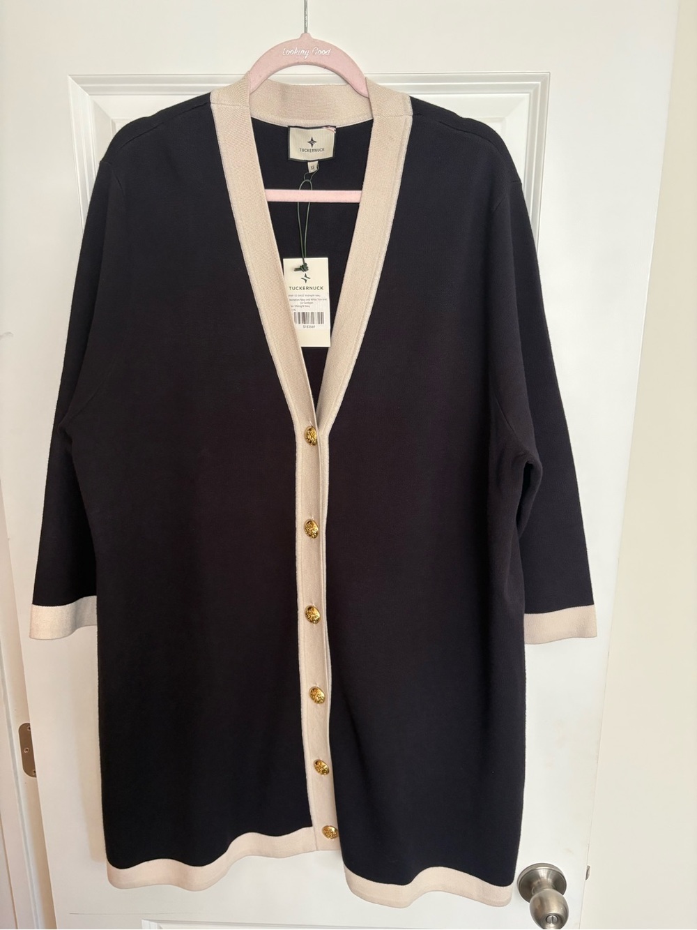Tuckernuck Midnight Navy Knit Cardigan with Cream Trim and Gold Buttons
